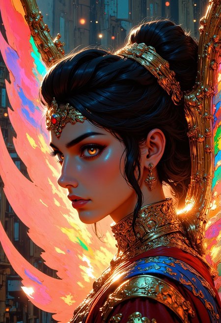 masterpiece, best quality, masterpiece, best quality, good quality, very aesthetic, absurdres, newest, 8K, depth of field, focused subject, close up, stylized, in gold and neon shades, wabi sabi, 1girl, rainbow angel wings, looking at viewer, dynamic angle, from below, from side, relaxing, dramatic lights, Cinematic, beautiful, vibrant, masterpiece, 32k, ultra HD, ultra-detailed, amazing quality, amazing artist, sharp edges, detailed textures, full view, atmospheric lighting, amazing visuals, dramatic lights, Cinematic, beautiful, vibrant, masterpiece, 32k, ultra HD, ultra-detailed, amazing quality, amazing artist, sharp edges, detailed textures, full view, atmospheric lighting, amazing visuals