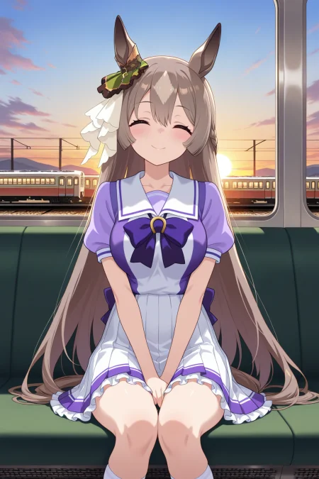 masterpiece,best quality,amazing quality,newest, tracen school uniform, sitting, looking at viewer, safe,  twilight, sky, smile, 
1girl, satono diamond \(umamusume\),  facing viewer, sun, train,  closed eyes,    <lora:xl_saturation_slider:-1>