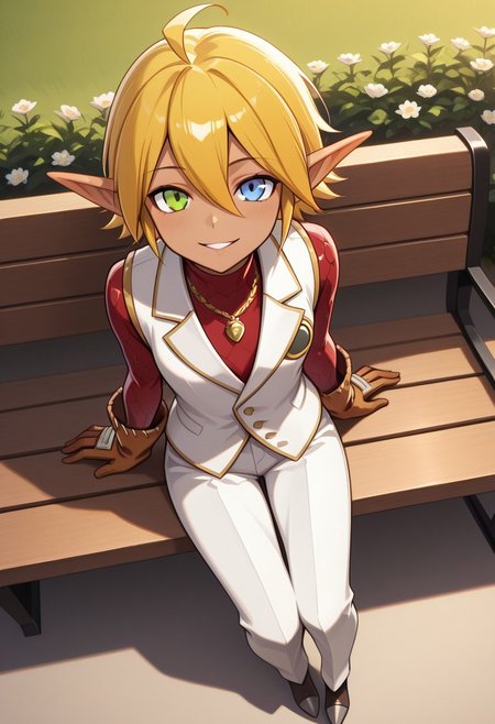 masterpiece, best quality,
aura bella fiora, 1girl, dark elf, dark-skinned female, ahoge, blonde hair, short hair, hair between eyes,  blue eyes,  green eyes , heterochromia, jewelry, tiny breasts, pointy ears, tomboy,,long sleeves, necklace, pants,  red carpet, red shirt, scale armor, shoes,   white pants,white vest, brown gloves,
 seductive, outdoors, garden, sunset, bush, bench, sitting, arm support, full body, from above, , grass, flower, porch, looking at viewer, parted lips, smile