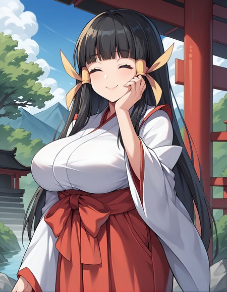 score_9, score_8_up, score_7_up, score_6_up, score_5_up, score_4_up, source_anime, rating_explicit, BREAK <lora:maoriKasugaXL_LoRA-C3Lier_AdamW_Dim8_Alpha8_UN-3e-4_TE-1.5e-4_10batch_ponyDiffusionV6XL_v6StartWithThisOne:1>, maori kasuga, 1girl, black hair, long hair, blunt bangs, closed eyes, large breasts, hair tubes, hair ribbon, hair tubes, hair ribbon, miko, red bow, hakama skirt, red skirt, hand on own cheek, smile, happy, closed mouth, shrine, mountain, tree, blue sky, standing