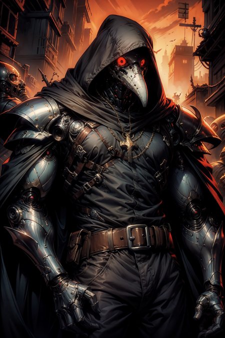 (masterpiece:1.1), (best quality:1.1), (flat colors:1.2), BREAK, 
(noir:1.0), (biopunk:1.1), (gloomy:1.0), (red:1.0), (high contrast:1.0), (red:1.0), BREAK, 
(solo:1.2), (upper body:1.0), (dynamic angle:1.1), (plague doctor:1.0), (cyborg:1.1), (muscular:1.1), (cybernetic augmentations:1.0), (robot body:1.0), (hood:1.0), (mechanical arms:1.0), (cloak:1.0), (shiny:1.0), (silver:1.0), (dirty:1.0),  (cross pendant:1.0), (belt buckle:1.0), (pants.1.0), (nodf_lora:1.1), <lora:plague_doctor:0.8>,  <lora:notion_of_dark_fantasy-nodf:0.4>,