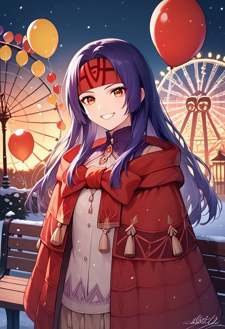 score_9, score_8_up, score_7_up, highres, (best quality:1.1), masterpiece, absurdes, 1girl, solo, long hair, looking at viewer, smile, standing, outdoors, night, bench, balloon, lamppost, ferris wheel,  confident, sanaki, headband, petite, small breast,, winter, snow, grin, upper body