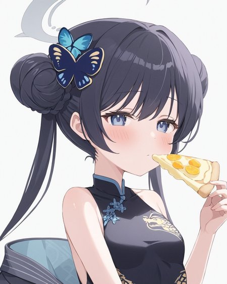 kisaki \(blue archive\),1girl, solo, crepe, eating, china_dress, blush, double_bun, food_on_face, halo, twintails, upper_body, simple_background, butterfly_hair_ornament, fruit, white_background, sleeveless_dress, bare_shoulders, holding_food, black_dress
<lora:kisaki_(blue_archive)_image3331_2023-12-03-000006:1>halo. gorgeous,key visual, vibrant, studio anime,award-winning, professional, highly detailed,high budget, cinemascope