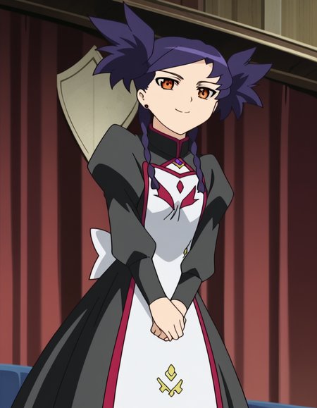 score_9, score_8_up, score_7_up, source_anime, <lora:nina-wang-s1-ponyxl-lora-nochekaiser:1>, nina wang, bangs, twintails, purple hair, braid, twin braids, orange eyes, anime screencap,, long sleeves, dress, jewelry, earrings, puffy sleeves, black dress, juliet sleeves,, theater, stage, seats, performance, curtains, smile, hand behind head, , looking at viewer, solo,, dutch angle, cowboy shot