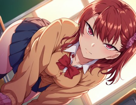 score_9, score_8_up, score_7_up, source_anime,
izuminogami, <lora:izumi-nogami-ponyxl-lora-nochekaiser:1>
izumi nogami, red hair, one side up, medium hair, scrunchie, red eyes,
skirt, school uniform, pleated skirt, shoes, socks, cardigan, brown cardigan,
indoors, classroom, bent over,
looking at viewer, dutch angle, cowboy shot,