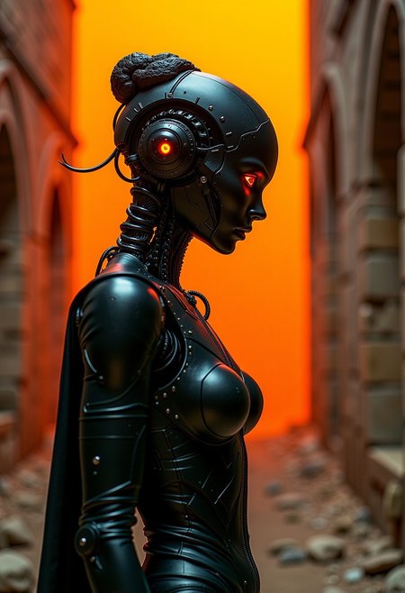 acid earth, ruins, gothic Biomechanical female android in art deco style, reminiscent of punk, style of Katsuhiro Otomo, Stephen Gammell. Gustav. Klimt, viewer background against bright dark orange, (necronomecon lurking in the darkness), creepy, (minimalism 1), ray tracing details.