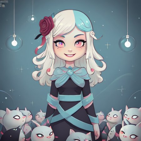 female, age 25, long white hair, high cheek bones, round face, cute, highly detailed, sharp focus, stunningly beautiful, looking at camera, smile, sultry look, blue skin, black makeup,  Tara McPherson <lora:Tara_McPherson_v1:1>, standing in a dungeon
