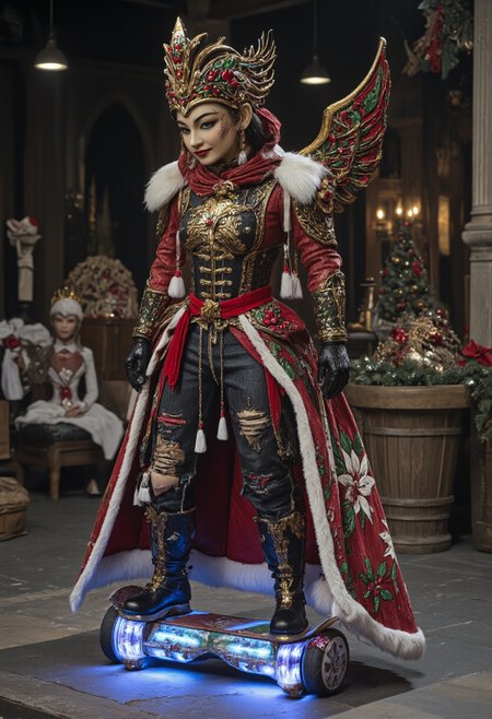 A skateboarder performing tricks on a glowing hoverboard, Everyday Life with a Twist,<lora:ChristmasCouture:0.8>, armor, berry, buckle, bodysuit, coat, corset, crown, distressed denim jeans, edgy, embroidery, epaulettes, fantasy, feathers, festive, floor-length, floral, form-fitting, frilly, fur-lined cape, glittering, gothic, gold accents, gown, headdress, high-collared, holly, jumpsuit, lace, leather, leaves, luxurious, medieval, military-style, off-the-shoulder, opulent, ornate, overcoat, pinstriped, plaid, poinsettia, puffy winter jacket, punk, red and white striped, ruffled, sash, scarf, sequined, shawl, skirt, snowflake, steampunk, sweetheart neckline, tassels, tiara, trimmed with white fur, turtleneck sweater, velvet, Victorian, wings, <lora:boFLUX Christmas Dreams:0.5>, bo-christmas, <lora:ck-old-wooden-christmas-toys-000016:0.5>, A high-quality, close-up photograph of a ck-owct style hand-painted wooden christmas toy featuring a <lora:Satria_Gandrong_FLUX:0.5>, wayang_golek, wayang