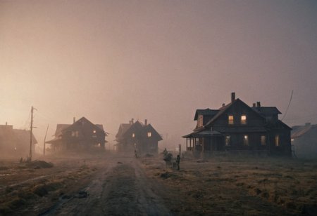 epic but calm scenery, Chiaroscuro Lighting Style, cinematic show particles in the foreground, detailxl, (shallow depth of field:2), futuristic buildings along with the old houses, spacious, foggy morning