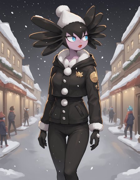 score_9, score_8_up, score_7_up, gothitelle, black hair, multicolored skin, blue eyes, red lips, pokemon \(creature\), (solo), 1girl, anthro, winter, long jacket, snowing, christmas, colored lights, streets, billboards, pants, gloves, looking away, (noseless), pompon hat, <lora:cefaa866-a58e-40ba-a219-79ab392f7d60:1.0>, <lora:cd26c091-2d99-4d47-8534-b62868e6d83e:0.9>