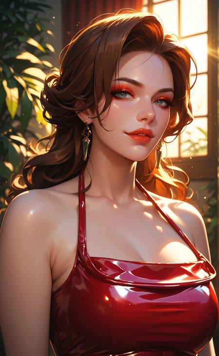 score_9, score_8_up, score_7_up, score_6_up, mature female, solo,  source_anime, resting bitch face eyeliner, eyeshadow, makeup, red lips  vibrant latex dress, pose, halterneck, god rays,atmospheric lighting,  <lora:WITRD-45-PDXL:0.9> hiu