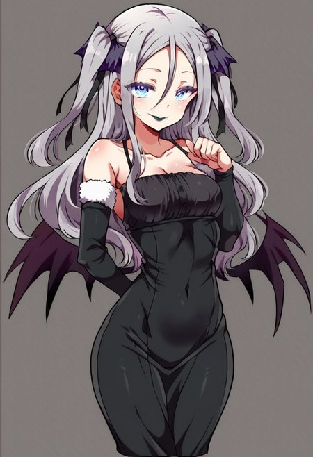 score_9, score_8_up, score_7_up, masterpiece, best quality, detailed face, detailed eyes, nameru, maron, BREAK 1girl, slim, delicate features, sensual glare, smile, pale skin tone,  blue eyes, makeup, dark lipstick, regal dressing, fur trimmed black dress, white hair with two buns, (hands down), BREAK half-sideways view, medium shot, BREAK simple background