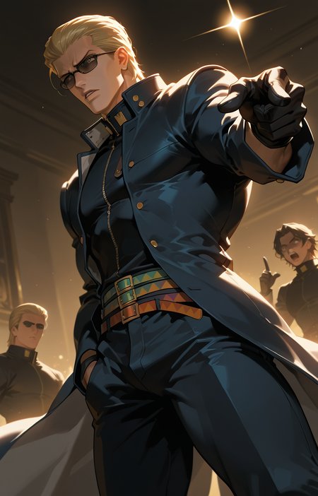 PonyScores7, source_anime, ah1
BREAK <lora:albertwesker-guy-PONYv1:0.8> albertwesker, albert wesker, 1boy, blonde, black gloves, (sunglasses:1.3), belt, black coat, black pants, looking at viewer, toned, athletic, fit, slicked back hair, black turtleneck, zipper, mature male, short hair, black boots, (Horrified, Filled with horror; shocked), (<lora:jotaro-kujo-pose-ponyxl-lora-nochekaiser:0.8>, jotaro kujo pose, kujo jotaro's pose (jojo), jojo pose, pointing, pointing at viewer), (focused, intense glare), (angular face, sharp_featured face), handsome, charming, alluring
BREAK <lora:xl_more_art-full_v1:0.2>, <lora:shinyskin2:0.2> glistening skin, <lora:aesthetic_anime_v1s:0.2>, <lora:Expressive_H:0.2> Expressiveh, <lora:hairdetailpxl:0.2> hairdetailpxl, <lora:EpicF4nta5yXL:0.2>, <lora:detailxl:0.2> detailxl, <lora:Fant5yP0ny:0.2>, best quality, amazing quality, best aesthetic, absurdres, <lora:expressive eyes:0.2> expressive eyes, <lora:eyedetailpxl:0.2> eyedetailpxl, illustration, Volumetric_Lighting, ultra-detailed, very aesthetic, intricate details, 8k, masterpiece, best_quality
BREAK (Low angle (from behind) view Distance shot)
BREAK <lora:Eyes_High_Definition:0.3> EyesHD, Stable_Yogis_PDXL_Positives, AS-Adult, <lora:Complicated fantasy portrait - XL Pony V2.0:0.4>, bad-hands-5, AS-MidAged, <lora:HDA_Detailer:0.2>,