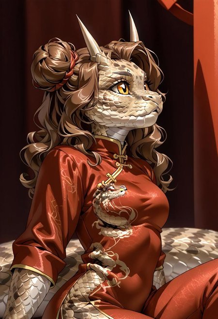 score_9, score_8_up, score_7_up, (by jailbird:1.5), (by kittydee:1.5), (by zummeng:1.5), masterpiece, best quality, (solo),  
(Furry Art: anthro: saharan horned viper:1.5), 1girl, expressive eyes, feminine eyes, <lora:beautiful_detailed_eyes:1>, perfect face, snake, reptile, horned eyebrows, scales, multicolored scales, light brown scales, brown spots, white scales, snake eyes, yellow eyes, (brown hair:1.5), (wavy hair), (chinese hair buns), medium breasts, (chinese style shirt:1.5), (tight pants:1.5),
