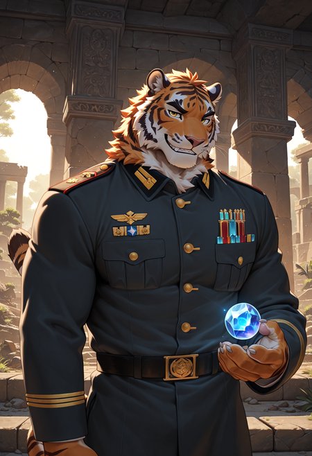 4k, score_9, score_8_up, score_7_up,  mature, male focus, male, (detailed face), (detailed eyes), sharp focus, masterpiece, best quality, amazing quality, good lighting, anthro,  male focus, furry male, sharp teeth, furry, bara, 5finger, Siberian Tiger anthro, Siberian Tiger sable fur, smirking coyly sensually, ancient ruins, fluorescent hum, military dress uniform, seductive, crystal orb, l1ndong,