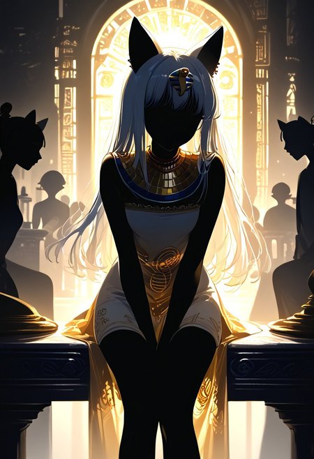 (masterpiece, best quality), (score_9, score_8_up, score_7_up,source_anime), 4K8K, high res image, Uncorrected, white print, lineart print, print, 
from front, upperbody, portrait, 
Ankha_(Animal_Crossing), (solo:1.3), 
(animals), silhouette, backlit, backlighting, dark night, Porcelain Mix Gold, pmg style, 
(golden lines, white silhouette skin, Skin like porcelain), 
sitting, bent over, spreading legs, Arms between legs, Porcelain wall, (small stature, petite:1.3), (breasts:1.1), (white hair, verry long hair, cat ears),
(wearing Porcelain clothing, Porcelain Egyptian-style dress),