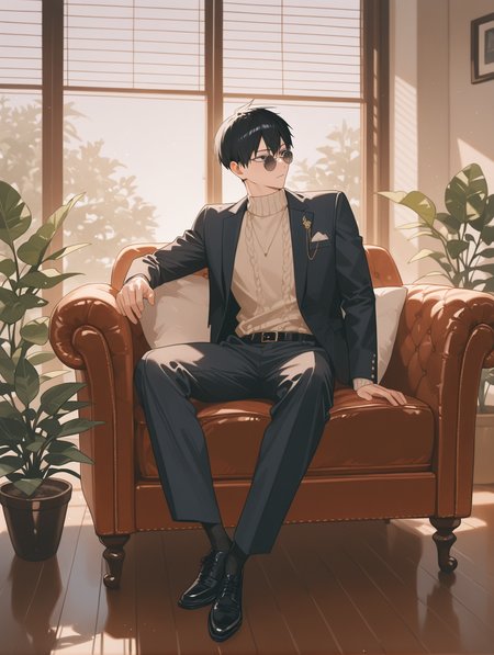KageyamaTobioCYQL,<lora:KageyamaTobioCYQL:1>,1boy,male focus,solo,black hair,black eyes,Tailored suit jacket, Crewneck sweater, Tapered trousers, Monk strap shoes, Leather portfolio, Classic aviator sunglasses,disdain,looking_to_the_side,
BREAK
plant,scenery,indoors,couch,pottedplant,chair,window,table,sunlight,windowblinds,ceilinglight,lamp,,
BREAK
<lora:USNR STYLE_XL_loha:0.2>,usnr,<lora:suzukasuraimuILL:0.5>,<lora:illustrious_all_rated_v1:0.8>,<lora:Artist_style_Rella_-_Illustrious-XL_r1:0.2>,<lora:reij-rt:1>,suzukasuraimu,rella,<lora:CUTE2712_Illustrious by Cyql:1>,CUTE2712,
perfect quality,high quality,masterpiece,best quality,amazing quality,very aesthetic,absurdres,newest,