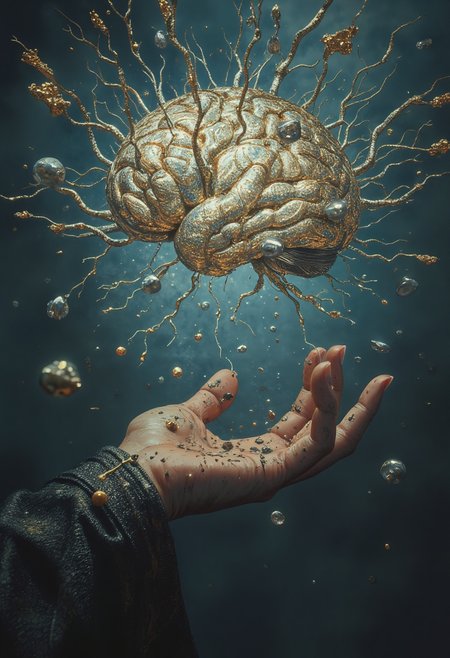 a dipiction of a brain-o-mats, floating holographic code, reaching out, desperation, surrealism, diffused light, chiaroscuro lighting,