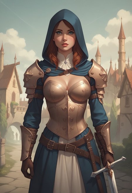 8k resolution, score_9, score_8_up, score_7_up, 22 years, Expressiveh, medieval fantasy, single a sexy brown hair blue eyes girl, big perfect breasts, perfect face, long and hourglass body, detailed eyes, semi realistic, girl heavy armor, sheathed sword, standing, medieval fantasy castle armory, hood