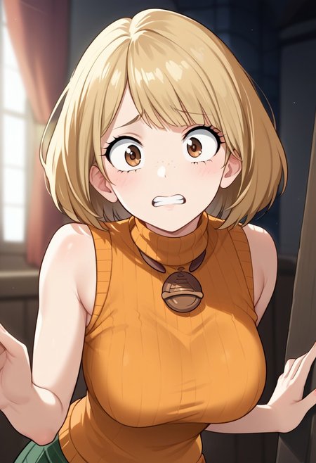 Expressiveh, score_9, score_8_up, score_7_up, source_anime, <lora:GreatM8_Style_XL_Pony_Revision:1>, greatm8 style, Ashley Graham, freckles, 1girl, solo, scared, expressive eyes, brown eyes, short hair, blonde hair, bob cut, necklace, orange sweater, sleeveless turtleneck, green miniskirt, pantyhose, medium breasts, slim body, (hiding in room), (indoors, dark castle, dynamic lighting)