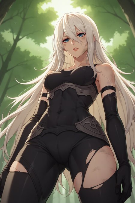 score_9, score_8_up, score_7_up, source_anime, 1girl, prefect lighting, very aesthetic, intricate details, highly detailed background, masterpiece, high quality, prefect hands, best quality, solo,
<lora:A2_Nier_V1:.85>, kjoa2, white hair, blue eyes, hair between eyes, pink eyeliner, mole under mouth, long hair,
torn black bodysuit, torn thigh-highs, torn elbow gloves, dirty, 
from below, expressionless, parted lips,
forest, day, tree shade,
(Beautiful, medium Breasts:1.2), natural breasts,