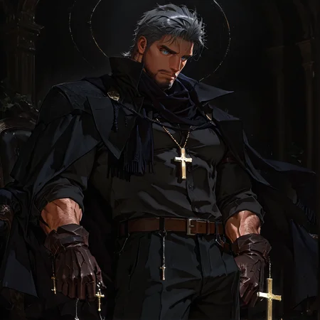 <lora:Eins__Alchemist_Code-000005:.75> tagatameeins, eins_grey hair, eins_grey eyes, 1boy, short hair, rosary, solo, male focus, manly, mature male, bara, muscular male, cape, shirt, scarf, gloves, belt, pants,
((__1man-poses__, ))
short hair, male focus, muscular male, muscular male, bara, mature, (hairy body, hairy, body hair, glossy skin, bara, mature, facial hair, beard, full beard, sideburn, mustache, stubble, male pubic hair), facial hair, bara, mature, body hair, aixiwuganda_(20222192), very awa, masterpiece, best quality, absurdres, newest, perfect quality, detailed background, intricate details,, <lora:slider_Body Type_alpha1.0_rank4_noxattn_last:3><lora:Anime Summer Days 2 Style SDXL_LoRA_Pony Diffusion V6 XL:.6><lora:merged:.7>, DARK, DARK BACKGROUND, LOW-KEY LIGHTING <lora:slider_cfg_scale_boost:.7><lora:Artist6p:.55>, Artist6p, Artist04p,<lora:slider_il_contrast_slider_d1:-.25>,<lora:slider_contract_controller_illus01_v1:.3>, <lora:addon_illustriousXLv01_stabilizer_v1.121:.5>,<lora:Heavenly_Beauty_r1:1>, (heavenlybeauty,)<lora:slider_style_strength_controller_illus01_v1:.25>