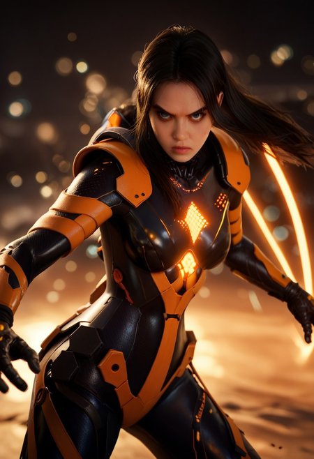 score_9, score_8_up, score_7_up, score_6_up,
stellartachy, 1girl, solo, black  hair, black eyes, long hair, (Large black round armored Shoulder pads:1.4),
(orange neon lines), ( black glowing plugsuit:1.3), cyberpunk gloves, 
cowboy shot, white background, (epic, movie scene , action scene, fight, colorful, bokeh, god light:1.4)
(action shot)
