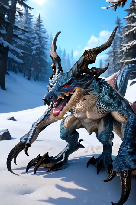 source_furry, score_9, score_8_up, score_7_up, (wyvern_xv, wyvern, feral), scalie, blue scales, detailed scales, horns, red eyes, detailed eyes, claws, tail, winged arms, <lora:FF_Wyvern08:0.8>, outdoors, forest, snow, look at viewer, looking happy, light open mouth, tongue out, zPDXL2, zPDXLpg, zPDXLrl, shaded, best quality, highly detailed, extreme detail, photorealistic