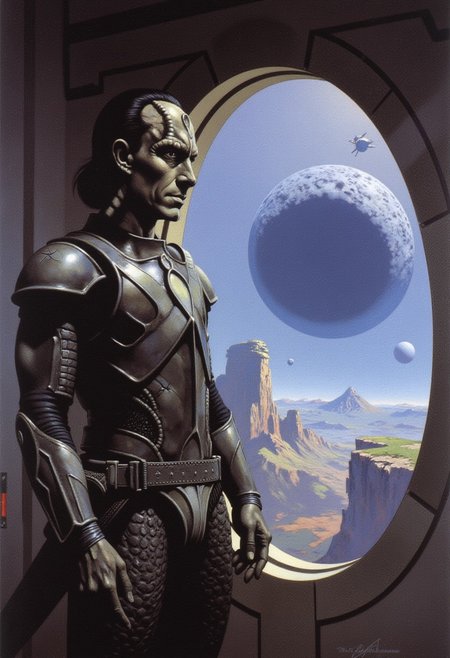 frank frazetta dark fantasy oil painting closeup view of a male Cardassian alien with gray skin, forehead crest, neck ridges and scales, wearing heavy sci-fi battle armor, he has slicked back black hair, he is standing in front of a large window on a deep space station while facing and looking at the viewer,  out side the window is a large wormhole in the distance and many asteroids