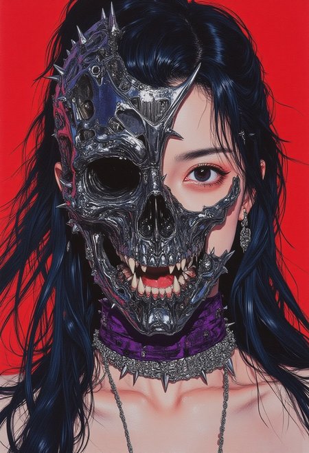 ((pingtu style, illustration-fen, black metal aesthetic)) A striking figure exudes a dark, rebellious aura against a high-contrast, fiery crimson background. Their pale, ghostly skin contrasts sharply with long, jagged strands of midnight blue hair flowing over their shoulders, with streaks of molten silver catching the light. Their face is partially obscured by a massive, spiked onyx-black skull mask covering their mouth and nose, its metallic surface etched with intricate gothic engravings and adorned with sharp obsidian spikes and dangling silver chains, adding to the brutal, dystopian aesthetic.  
Their piercing, ice-gray eyes glow faintly beneath shadowed lids, and a twisted grin reveals razor-sharp, jet-black teeth, exuding an eerie, predatory energy. Their heavily pierced face features a thick, gunmetal spike through their left eyebrow and a row of small, titanium spikes along their bottom lip. A thick, deep violet choker with serrated silver spikes wraps tightly around their neck, enhancing the fusion of gothic and cyberpunk brutality.  
The high-contrast palette intensifies the scene, with the crimson background igniting the cold metallic hues, making every detail—jagged edges, reflective textures, and the interplay of shadows—stand out in a visually electrifying and aggressive composition. The intricate rendering emphasizes angular forms, extreme contrasts, and an otherworldly yet high-tech presence.