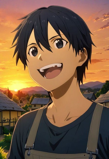 high resolution, professional photography, best quality, 1Boy, Kirigaya Kazuto, Black Hair, Black Eyes, potrait, laughing, very happy, half body, village, sunset, looking at viewer, overalldetail