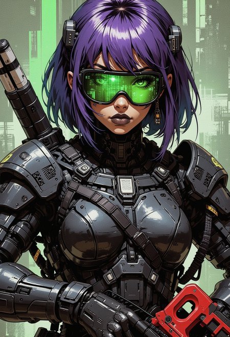 A digital painting in the style of ck-js, nistyle, smoke mais, Green Glass with data and target in lens, black Full roman armor with two white extra mechanical arma, missile launcher in shoulder, hold red chainsaw Blade, purple short Bob hair, like eyes, Black lips with gloss, tan skin, large breasts, muscular, Far view, Full body