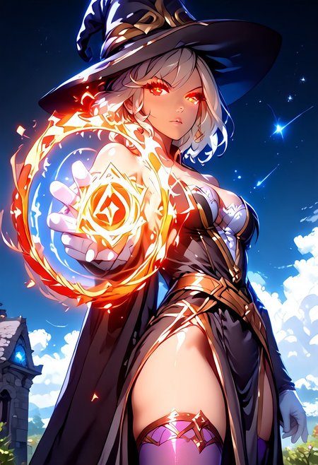 score_9, score_8_up, score_7_up, 8k matte painting, highres, cinematic lighting, intricate detail, (finely detailed face), thighhighs, gloves, hat, dress, cleavage, bare shoulders, elbow gloves, witch hat, pelvic curtain, purple thighhighs, cowboy shot portrait, from below, detailed eyes, (beautiful witch holding a glowing staff), (action pose), casting a spell, red glowing pantagram,  looking at viewer, complex revealing skimpy witch dress, galaxy witch hat, white glove, glowing eyes, magic, (star sky background), (fantasy), Ilya Kuvshinov, Greg Rutkowski, (((nsfw)))
<lora:Expressive_H-000001:0.8>, expressiveH <lora:MythP0rtr4itStyle:0.9> mythp0rt, <lora:Pony_DetailV1.0:0.9>