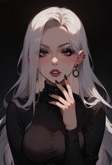 score_9, score_8_up, score_7_up, score_6_up, pretty woman, 21 year old, 1girl, very pale skin, white skin, goth girl, emo, eyeliner, eyeshadow, white hair, long hair, straight hair, black eyes, pretty face, long hair, pretty eyes, long sleeves, shirt, skirt, sexy pose
