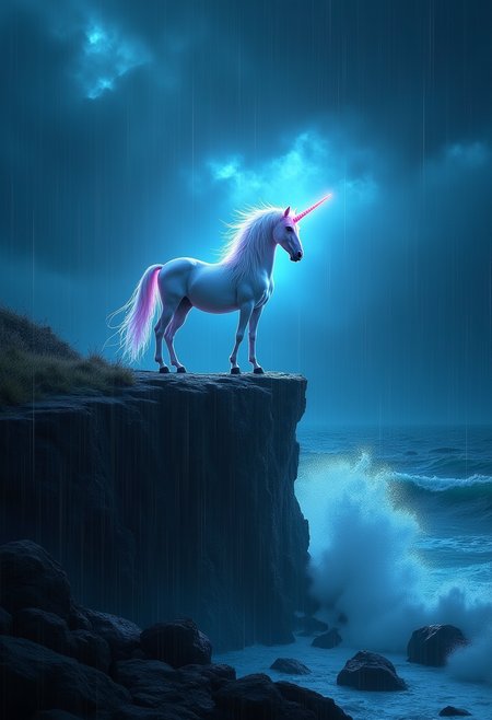 A majestic unicorn standing on a cliff's edge during a stormy night. The unicorn has a glowing, spiraled horn and a flowing mane that glows with an ethereal light, blending shades of silver and blue. Its white coat is sleek and shines with a faint luminescence. The cliff is rugged, with jagged rocks and sparse, windblown vegetation. Below, the ocean waves crash violently against the rocks, sending sprays of water into the air. Dark clouds fill the sky, illuminated by occasional flashes of lightning, creating a dramatic and intense atmosphere. The lighting highlights the unicorn's mystical presence amidst the storm, with rain softly falling around, creating a surreal and powerful scene.  midjourneyv6.1,