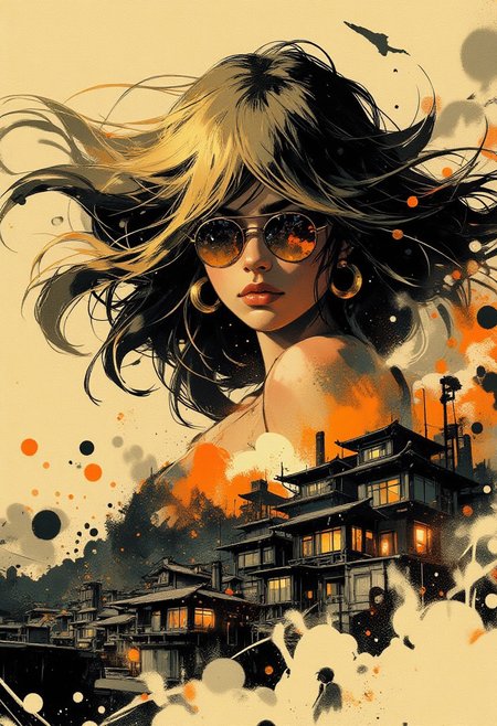 in the style of ck-mgs, nistyle, Special Ink-drawing mode, intricate linework with expressive contrasts, Mh1$AgThS2, Inkplash art on rice paper, sepia, henna , Silhouette Art, magnificent, inksplash closeup portrait of stunning japanese woman, blonde hair, mirrorred aviator sunglasses reflecting a seaside town
