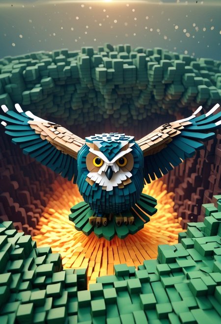 lazypos, flying bird owl in voxelized world, voxel explosion in background, funny theme, 4k