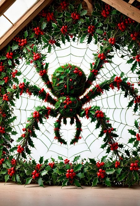 M1STL3T03, (medium full shot) of a spider made of holly mistletoe, webs, set in an attic, house, , best quality, masterpiece