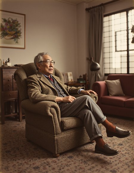 OldJapan style photo of an old man sitting in an armchair in a cozy living room