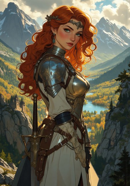 Anime art, Full-length, gorgeous fantasy redhead, naturally curly long ginger hair, tiara, tight silver armor, standing on a hill. Full breasts, tight waist, round thighs, green eyes, no blush. Backdrop of fantasy highlands in fall, bright autumn colors, lakes and wooded areas, braided hairstyle, diffused lighting, determined facial expression, intricate armor details. Shield on back, sword in scabbard on hip. <lora:aidmaMJ6.1_v0.5_3:0.5>,  <lora:Anime Art V3_Flux:0.5>