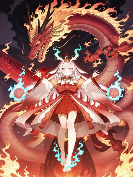 oni girl,kurikara divincarnate,1girl,red eastern dragon,solo,flat chest,floating gigantic sword,full body,blush,closed mouth,open hands,white ribbon-trimmed sleeves,hands up,white sleeveless kimono,gold headpiece,mirror necklace,red bow,red hakama,blue fire,1other,from below,sharp teeth,fire,barefoot,
masterpiece,best quality,amazing quality,very aesthetic,absurdres,newest,<lora:Kurikara Divincarnate illuXL v1:0.84>,