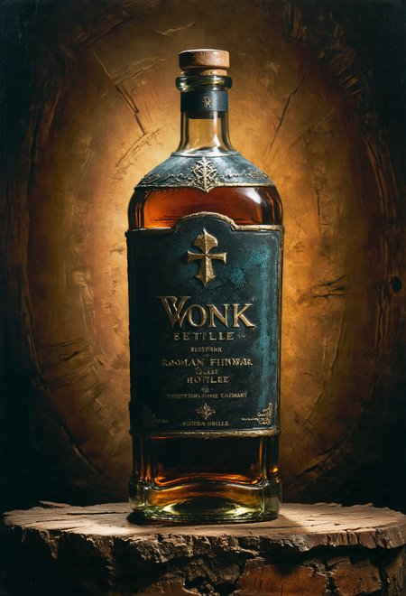 realistic photo of a (ancient bottle, round bottle:1.1), oak wood shelves, redwood, vivacious,  bold lines, hyper detailed, award winning, high contrast, depth of field, (intricate details, masterpiece, best quality), dramatic cinematic lighting, whiskey bottle, cosmic energy label, imperial hue, roman style, golden engraving  <lora:add-detail-xl:0.7> <lora:xl_more_art-full_v1:0.7>  <lora:Desolation:0.5> <lora:sinfully_stylish_sdxl:0.5>