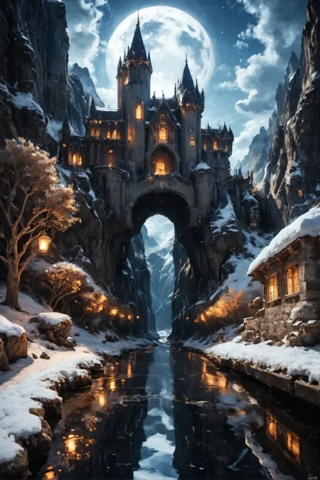 score_9, score_8_up, score_7_up,moon Night
scenery, outdoors, tree, no humans, sky, day, reflective water, snow, cloud, blue sky, water, building, winter, bridge, bare tree, river, mountain, Castle, winter, reflection, Iced river, high detailed , extremely detailed, caustics, dynamic lighting, fisheye lens, hyperrealistic, no humans, very wide shot, moon Night
 <lora:cfg_scale_boost:0.4>, from below <lora:landscapes:0.6>