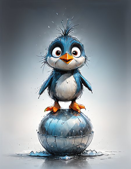 impactful color paint of cute drawing of penguin standing on an ice shell, 
highly detailed, sharp, professional, clear, high contrast, crystal clear, 4k, uhd, masterpiece