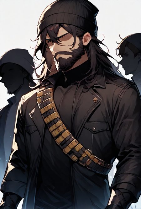 <lora:jeezo-09:1> jeezo, male focus, facial hair, beard, brown hair, long hair, beanie, black fingerless gloves, long  jacket, black headwear, black jacket, long sleeves, , Bandolier <lora:Shadows_illusXLNoobAI_Incrs_v1.2:1> colored skin, black skin, (black hair, silhouette:1.5), no eyes, faceless, no highlights, masterpiece, best quality, amazing quality, very aesthetic, absurdres, newest,