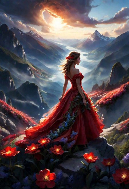 butifl girl, the scarlet flower glows, mountains, magical light,
