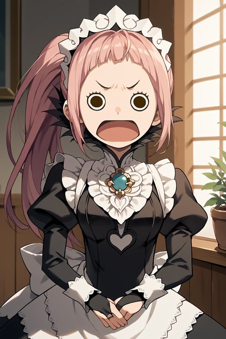 score_9, score_8_up, score_7_up, BREAK source_anime, solo, <lora:NSPikariFace:1> NSPikariFace, open mouth, annoyed, black eyes, big head, empty eyes,  <lora:felicia-fe-richy-v1_xl:1> feliciadef, pink hair, ponytail, blue eyes, maid headdress, brooch, maid apron, black thighhighs, bridal gauntlets, indoors