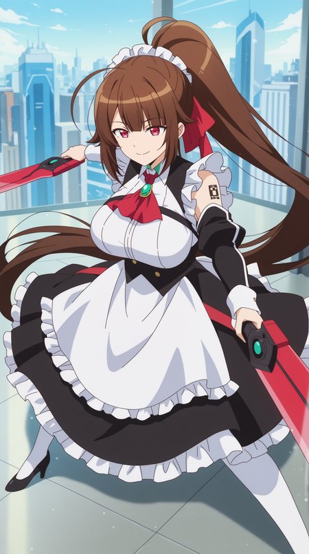 masterpiece, best quality, amazing quality, aesthetic,  absurdres, best quality, 4k, upscale, sidelocks, holding daggers, dual wielding, dynamic pose, fighting stance, foreshortening, city, science fiction,  Amagi, 1girl, brown hair, solo, long hair, maid, ponytail, smile, apron,  maid headdress, tattoo, detached sleeves, chair, very long hair, dress, red eyes, maid apron, large breasts, hair ribbon, ahoge, shoulder tattoo, ribbon, black dress    <lora:Amagi_IL:0.8>