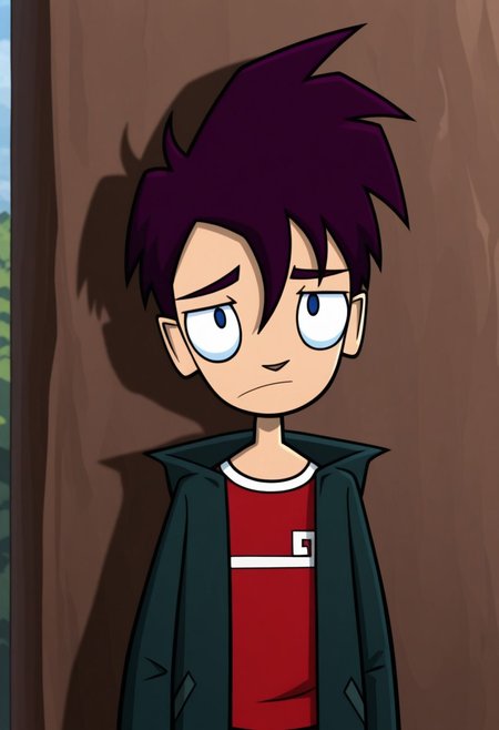 masterpiece,best quality,amazing quality, 
RandyCunningham, 1boy, male focus, solo, blue eyes, purple hair, shirt, red shirt, jacket, green jacket, open jacket, outdoor,