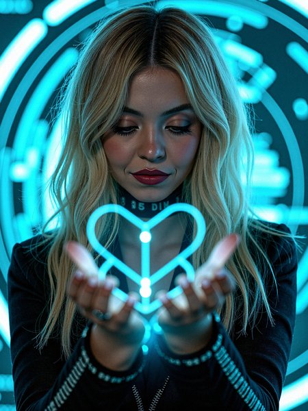 Photorealistic of a potrait shot scene where  a young and gorgeous beauty as a Holographic Interface Designer with long platinum-blonde hair in the center of a futuristic, holographic interface. The vibrant cyan data rings and geometric shapes from the background are surrounding her, some even seemingly projected from her hands as if she’s controlling the interface. Her partially unzipped circuit print stylish futuristic engineer uniform and choker contrast with the high-tech environment, creating a visual blend of the modern and the digital. Her eyes are focused on a specific holographic display in front of her, as if she is analyzing data or searching for information.

subtle, dynamic holographic patterns that shift colors along the stripes of her outfit, integrating her more into the digital environment.faintly glowing lines within her outfit’s fabric, creating a futuristic look that suggests advanced material technology. Her heart pendant have a small, glowing core, pulsing with light in sync with the holographic background. Very realistic overall texture composition.

Hairstyle is Messy Bedhead Waves, Deliberately messy waves created by scrunching the hair with mousse or sea salt spray for an undone, edgy look.

varying levels of transparency to different holographic elements, creating a layered and dynamic interface. a slight reflective glare on her lips to match the ambient light, enhancing their natural appearance.minor, flickering glitches or pixelations on some holographic elements, adding realism and a sense of dynamic interaction.

Close-up with her eyes half-lidded and a slight, mysterious smile on her lips.

